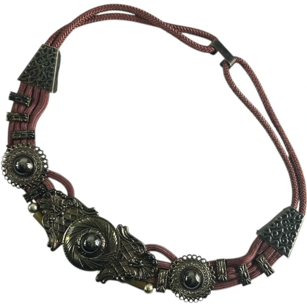 Bronzed Medallion Beaded Salmon Pink Braided Rope Cord Belt Western Boho